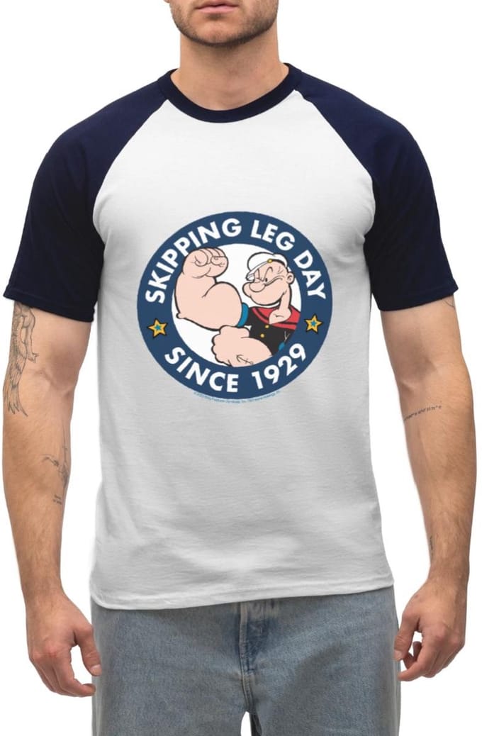 Popeye Skipping Leg Day Since 1929 Heren Baseball Shirt Korte Mouw