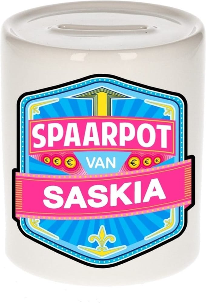 Bellatio Decorations Kinder spaarpot met naam - Saskia - keramiek - met dop - wit - Sparen - Spaargeld van Saskia