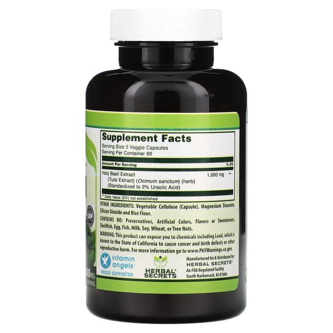 Herbal Secrets, Basilic sacré, 1 000 mg, 120 capsules végétales (500 mg par capsule)