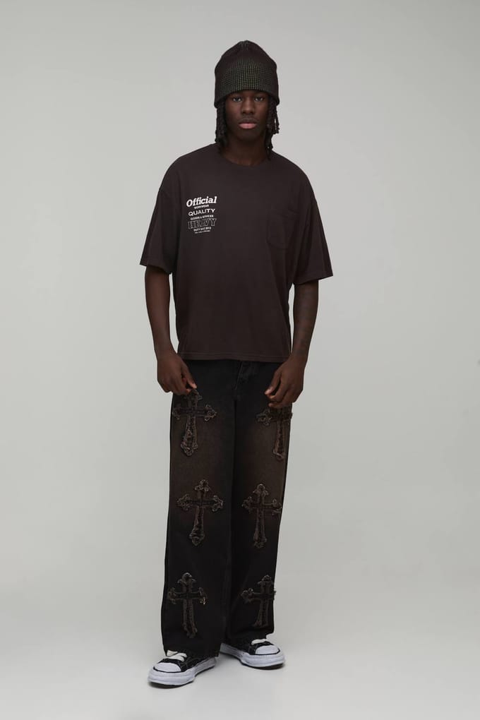 Baggy Rigid Cross Applique Denim Jeans | Brown | Size 32R