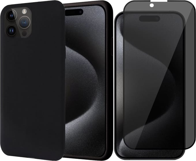 Hoesje geschikt voor iPhone 15 Pro - Privacy Screen Protector FullGuard - Back Cover Case SoftTouch Zwart & Screenprotector