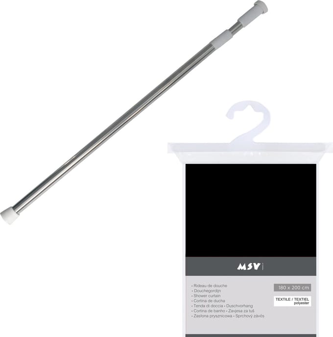 MSV Douchegordijn met ophangstang - uitschuifbaar van 75 tot 125 cm - zwart - 180 x 200 cm - polyester