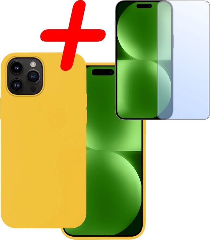 Hoesje Met Screenprotector - Geschikt voor Apple iPhone 15 Pro Max - Sterk & Shockproof - Back Cover - Siliconen Case - Telefoon Hoes - Geel