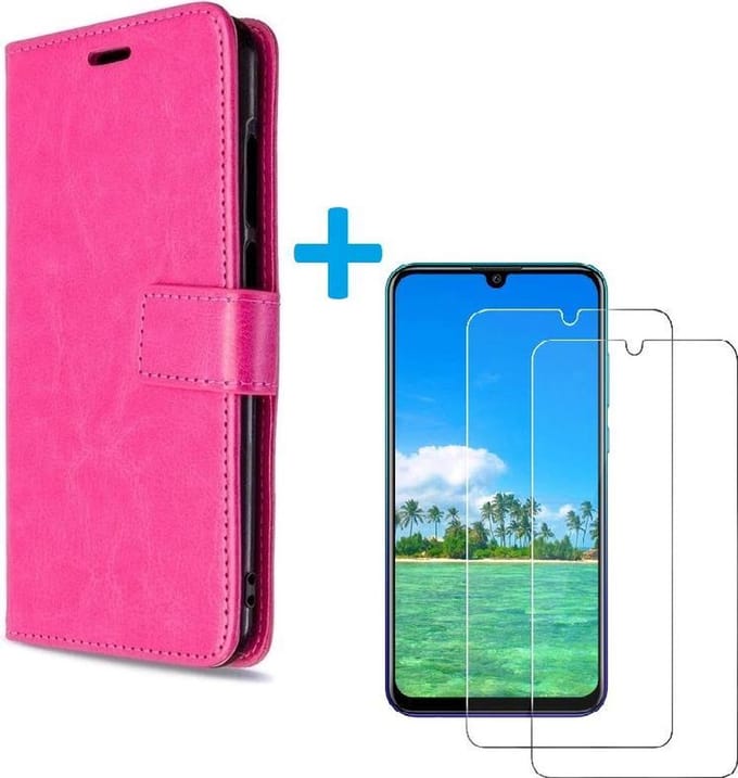 Bookcase Geschikt voor: Huawei Y6p - Roze - portemonnee hoesje met 2 stuks Glas Screen protector