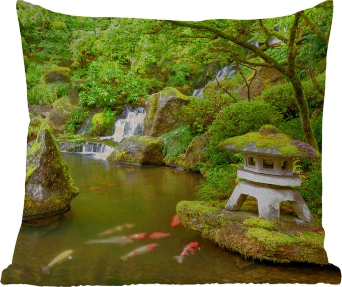 Tuinkussen - Waterval - Koi - Japanse lantaarn - Mos - Water - 40x40 cm - Weerbestendig