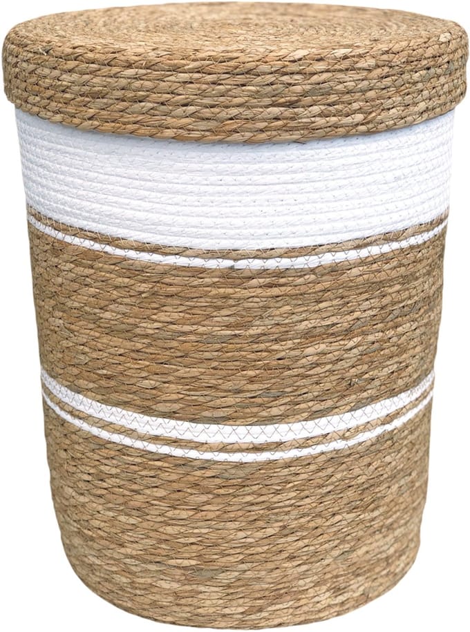 Lavandoux - Wasmand met Deksel - Zeegras - Naturel/Wit - S: Ø30 x H40 cm