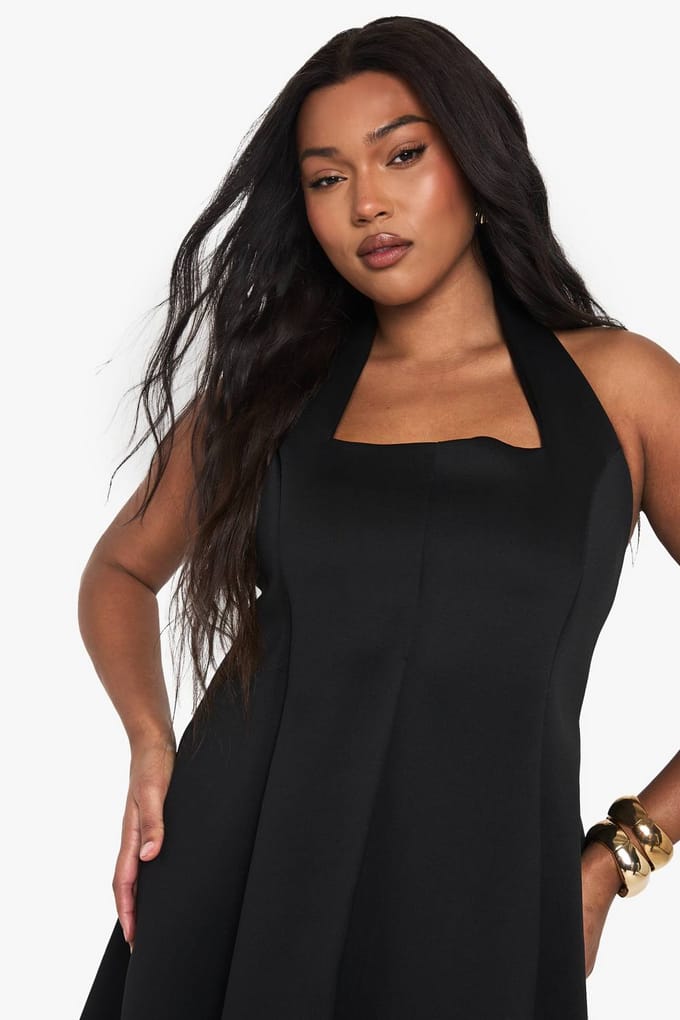 boohoo Dames Plus gestructureerde panelen skaterjurk | Black | Maat: 18