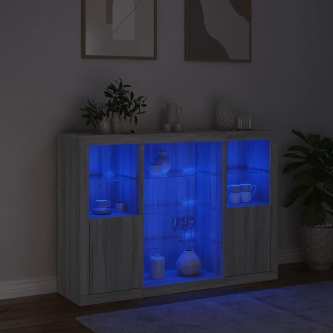 vidaXL - Dressoirs - met - LED-verlichting - 3 - st - bewerkt - hout - grijs - sonoma