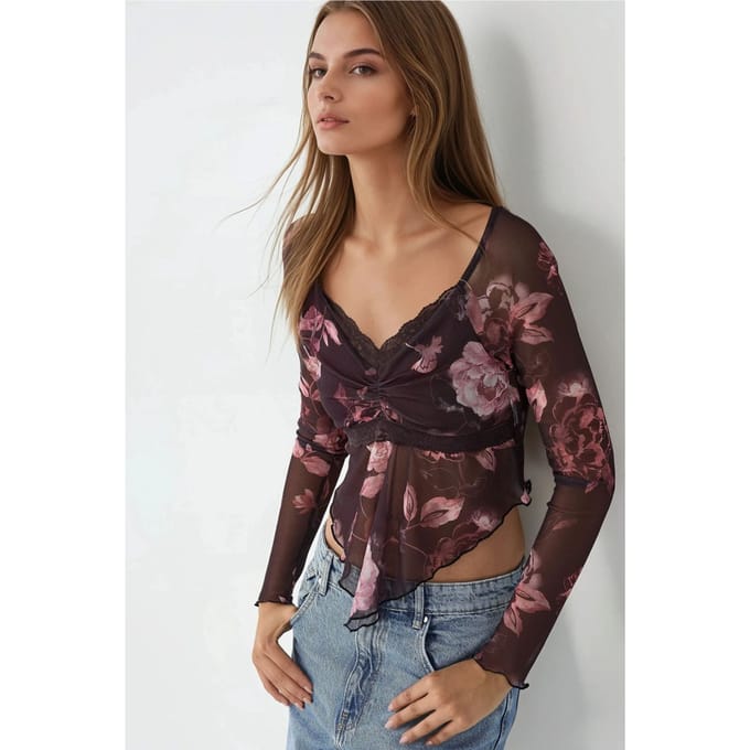 Slim Fit V-Hals Bloes met Bloemenprint