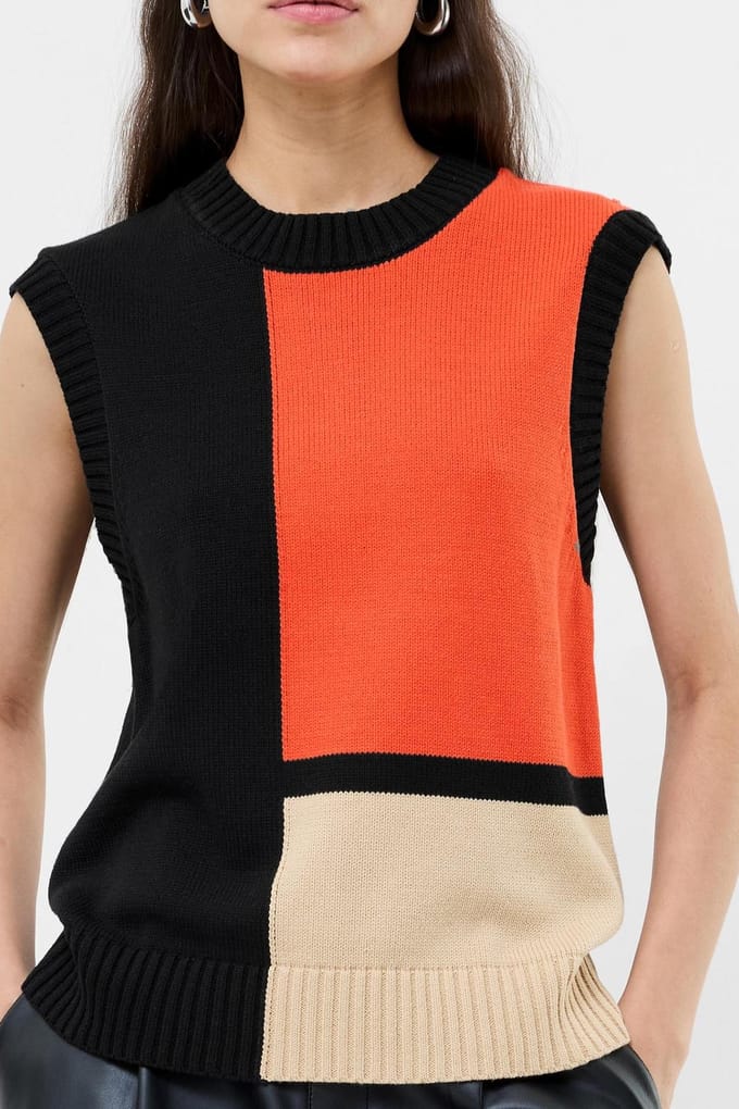 French Connection Varli Colour Blocking Knit Ves Black Flame Camel Taglia: S | Maglioni a maglia Outlet | Donna | Nero