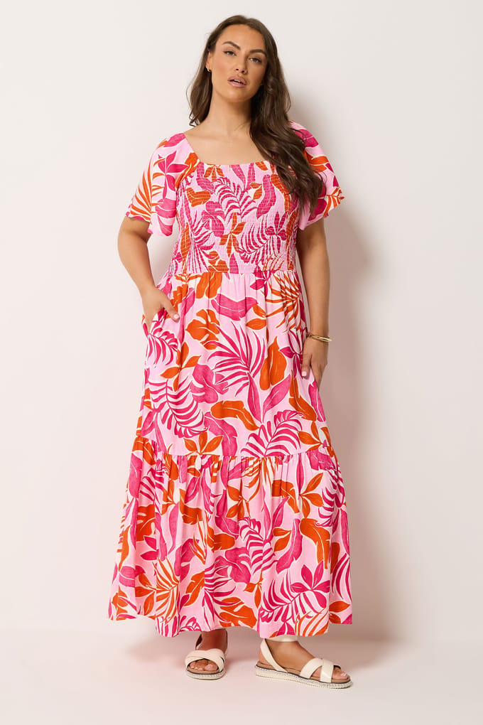 Yours Roze Palmblad Maxijurk Met Smokwerk Size 42