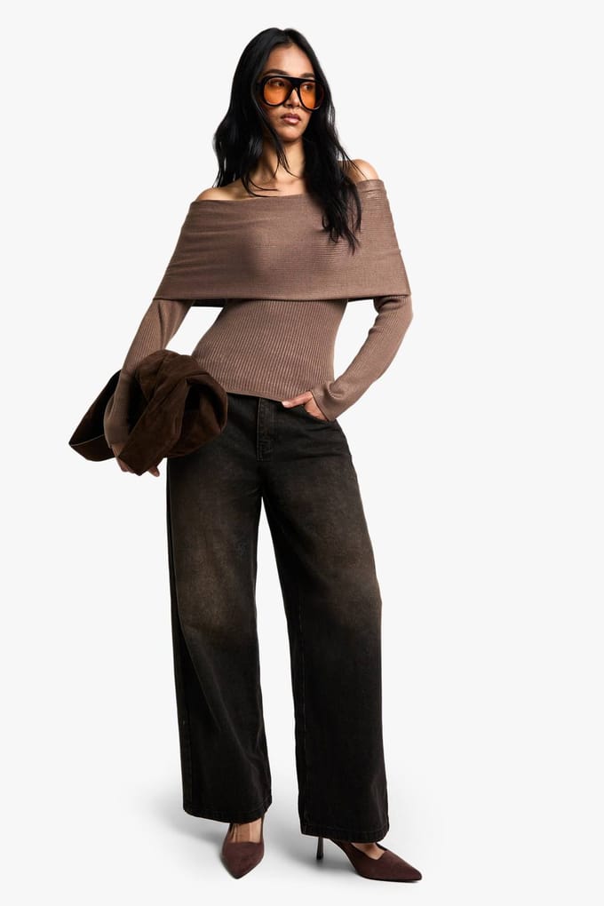 boohoo Dames Premium Rib Gebreide Bardot Trui | Mushroom | Maat: Medium