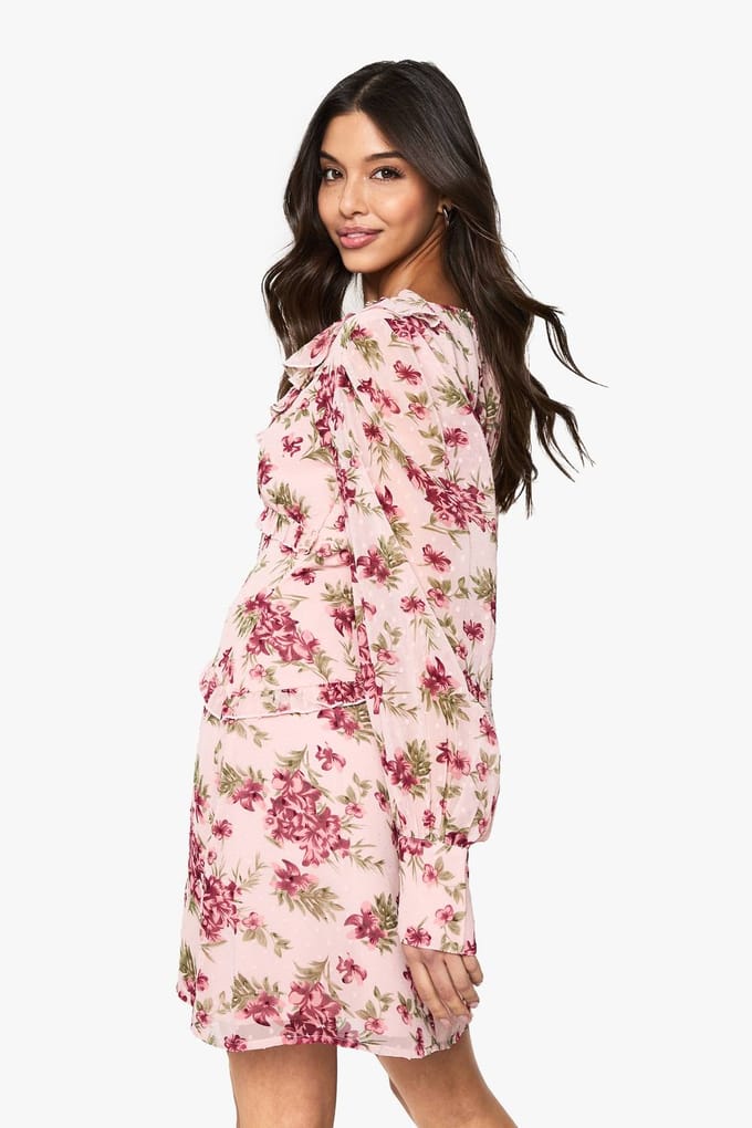 boohoo Dames Floral Chiffon Ruffle Mini Jurk | Pink | Maat: 8