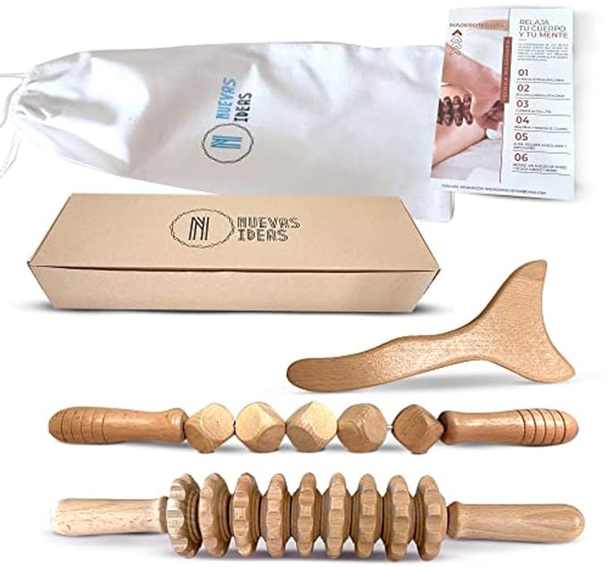 Houttherapieset voor Celulitis en Spierontspanning - 2 Massagerollen en Vormplank