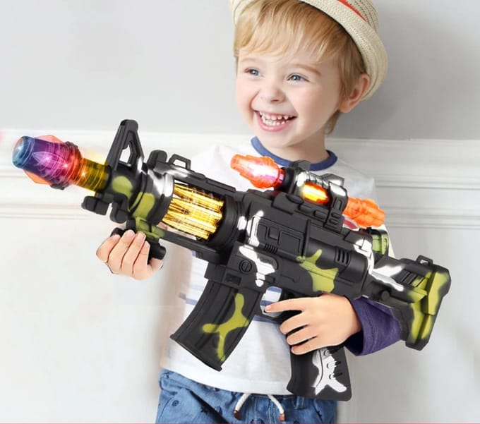 Speelgoed pistool met licht, schiet geluid, vibratie - met bewegende kogelriem - 38CM