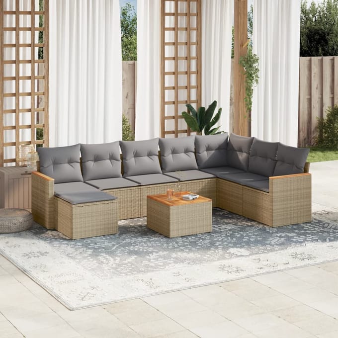 vidaXL - 9-delige - Loungeset - met - kussens - poly - rattan - gemengd - beige