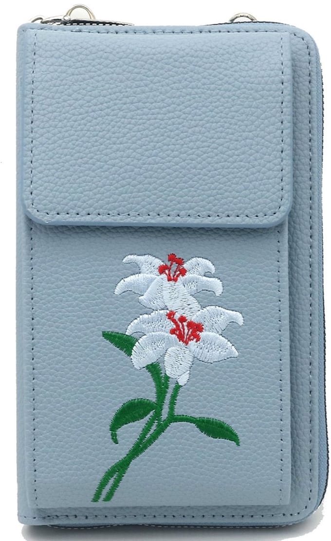Schoudertas - PU - geborduurde bloemen - blauw - 18x10,5x5 cm