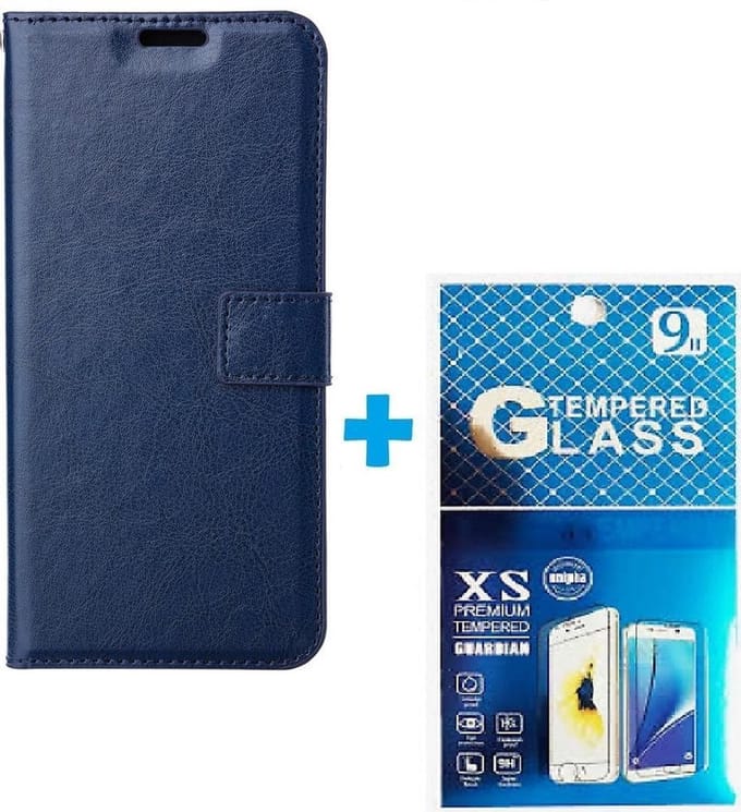 Portemonnee Book Case Hoesje + 2x Screenprotector Glas Geschikt voor: Oppo A76 - donker blauw
