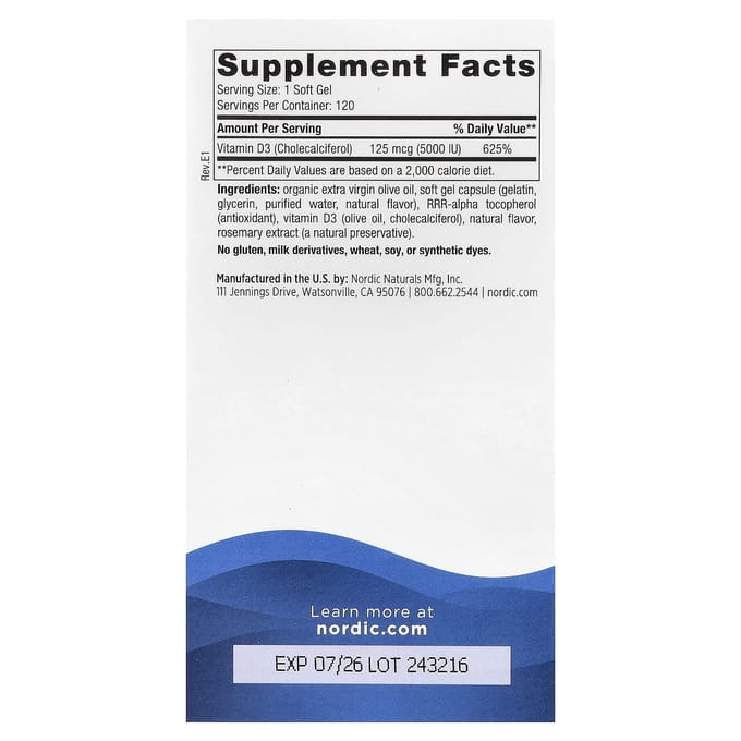 Nordic Naturals, Vitamine D3 5000, Sinaasappel, 5.000IE, 120 softgels