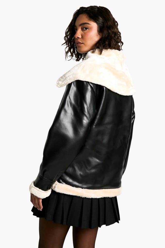 boohoo Dames Leren jas met hoge nepbontkraag | Black | Maat: 12