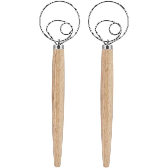 2 Stuks Roestvrij Staal Deegmixer Blender Handmatige Eierklopper met Eiken Handvat Keukenaccessoire beige