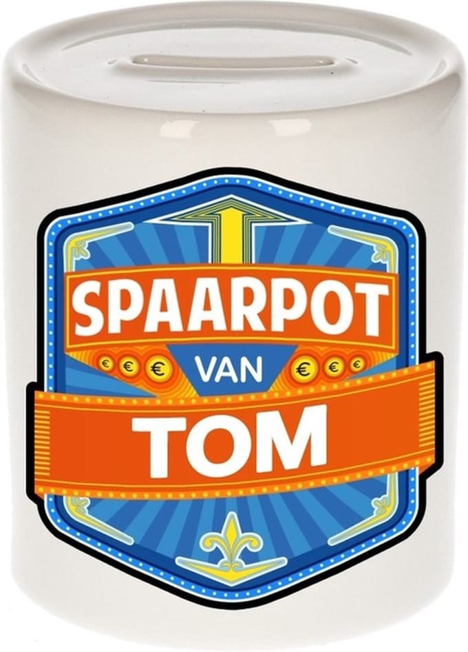 Bellatio Decorations Kinder spaarpot met naam - Tom - keramiek - met dop - wit - Sparen - Spaargeld van Tom
