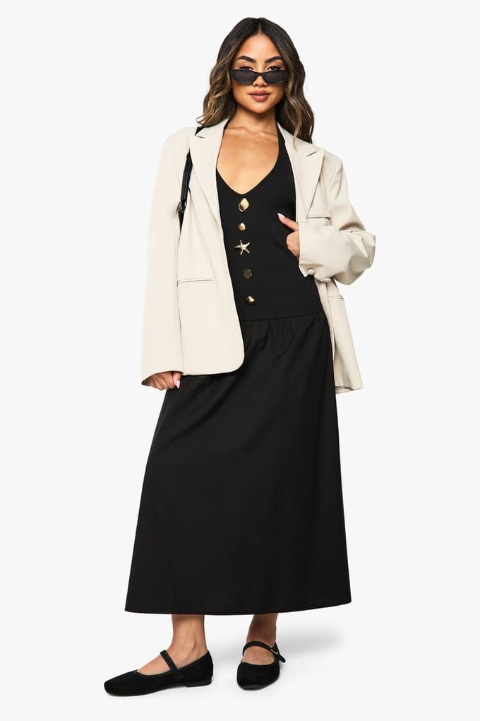 boohoo Dames Zeester Gouden Rand Rib Poplin Mix Midaxi Jurk | Zwart | Maat: 36