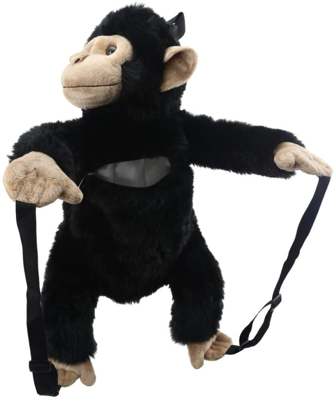 The Puppet Company rugzak chimpansee dier knuffel tas voor kinderen.