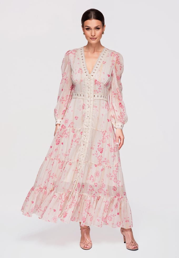 LARICA Jurk - Lange Mouw - Geen Sluiting - Gebloemd Ecru S