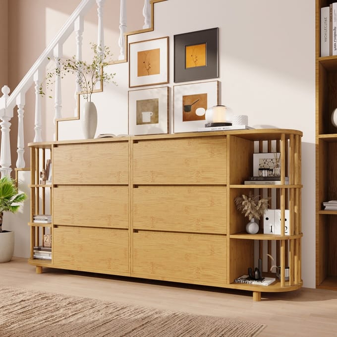 MODENUIT Dressoir - 6 Laden Met Open Bamboe Planken - Voor Woonkamer En Hal - MDF En Bamboe - 160x40x75 cm - Eiken