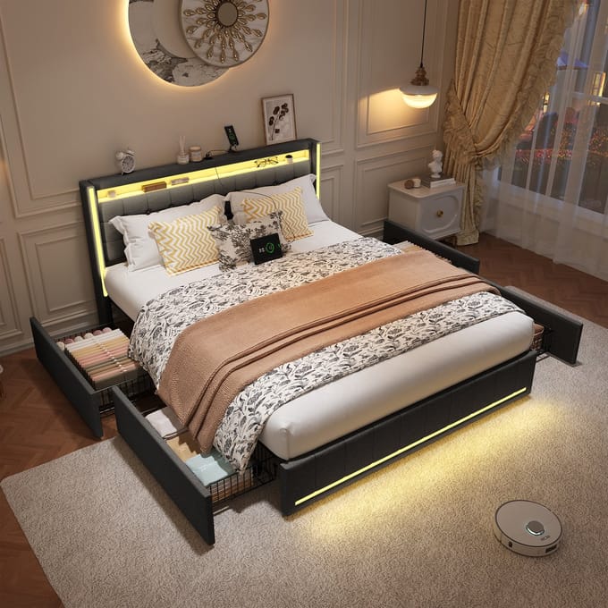 Doppelbett 140x190 cm mit LED-Beleuchtung und 4 Schubladen, USB-Ladestation, Grau