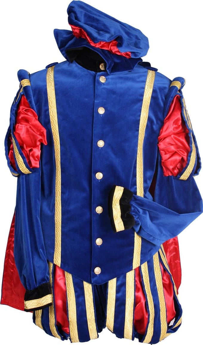 Piet katoen fluweel met cape Blauw / Rood.