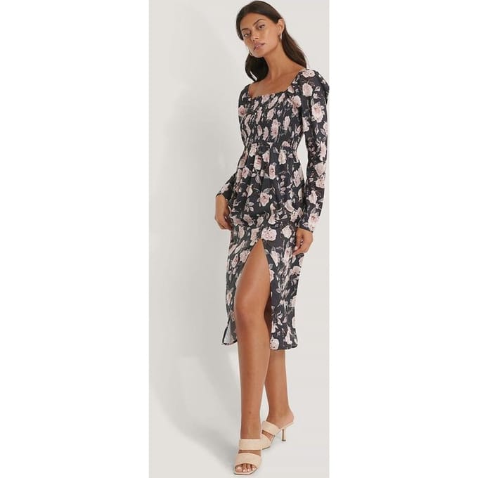 NA-KD Maat 34 Front Slit Smock Vrouwen Jurk - Navy Flower - EU