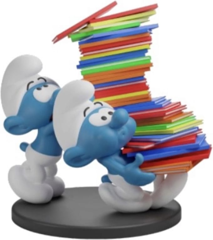 smurfen beeld met boekenstapel - stripboeken - 20cm - kunsthars