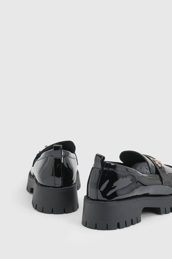 boohoo Dames Gelakte Chunky T-bar Loafers | Black | Maat: 3