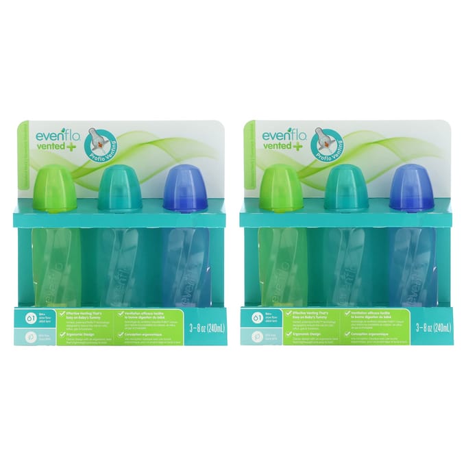 Evenflo Feeding, Biberon Vented+ Twist PP Teinté, Standard, Âges 0+ Mois, Débit Lent, 6 Biberons, 240ml (8 oz) Chaque blue