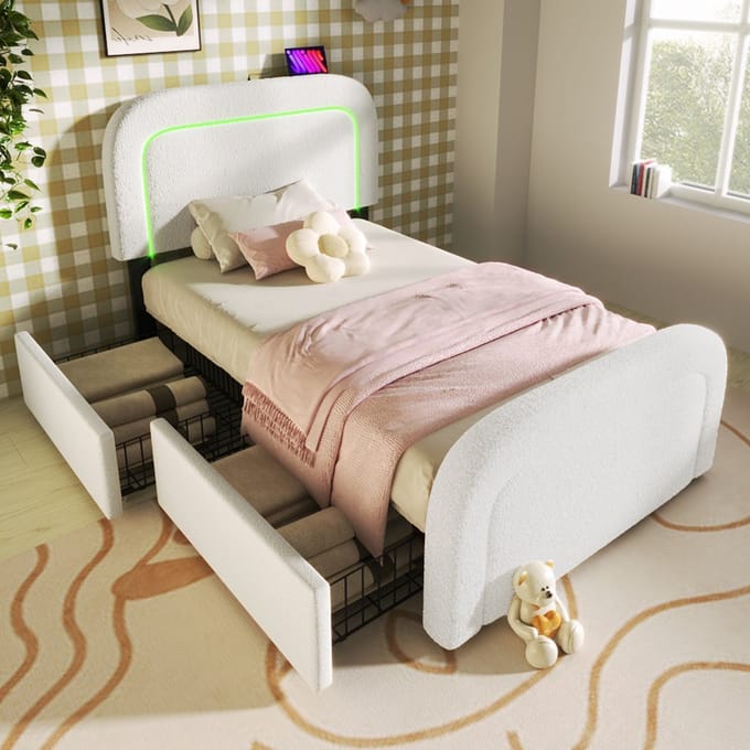 MODFU - Bedframe 90x200 cm – Wit Sherpa met gebogen design & 2 lades – Incl. matras