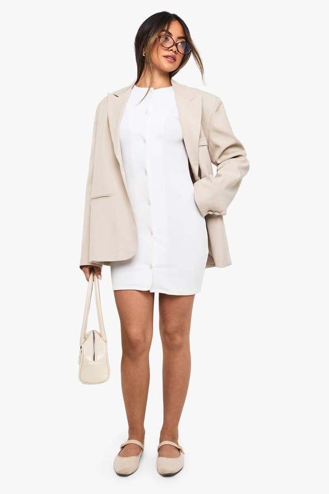 boohoo Dames Rib Button Down Mini Jurk | White | Maat: 8