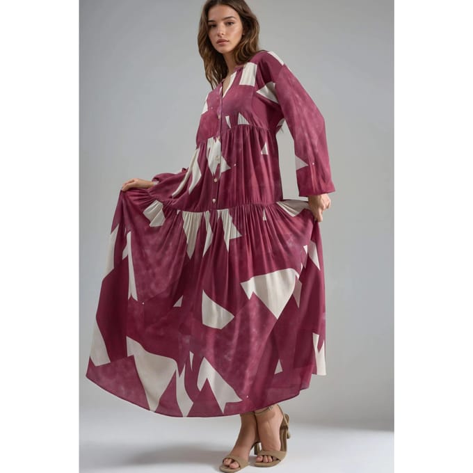Geprinte Lange Mouw Viscose Maxi Jurk