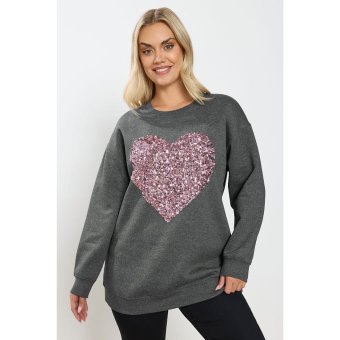 Yours Grijs Sweatshirt Met Hart En Pailletten Size 48
