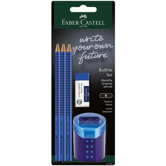 Faber-Castell schrijfset RollOn, blauw, 3 potloden + gum + puntenslijper