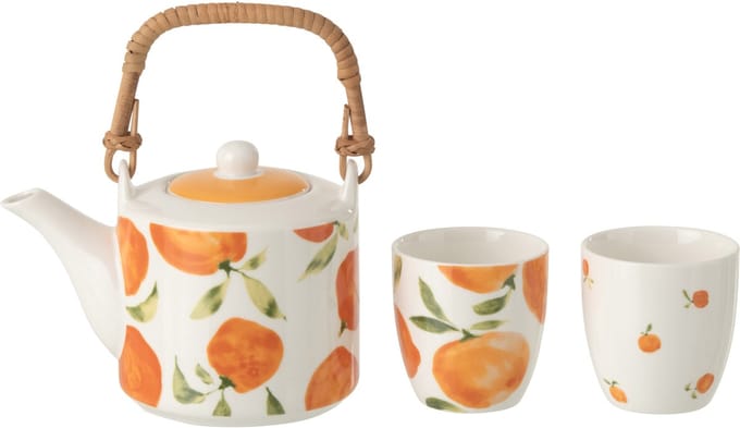 J-Line theepot + kopje Oranje - keramiek - wit/oranje