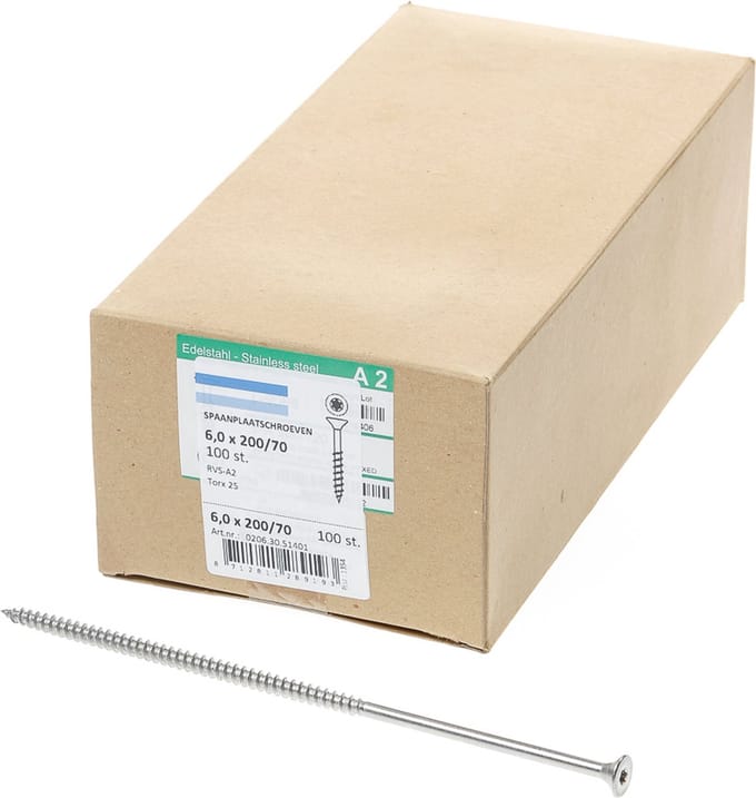 Hoenderdaal Spaanplaatschroef RVS platverzonken kop TX25 deeldraad 6.0X200/70 (per 100 stuks)