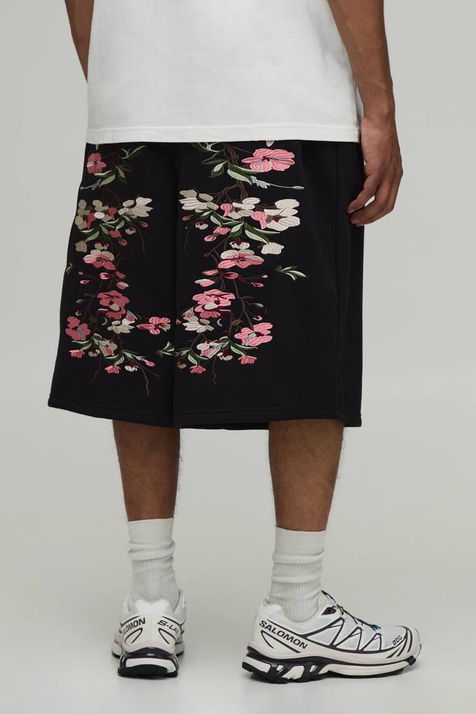 Gebloemde Geborduurd Jersey Bermuda Jort | Black | Size Medium