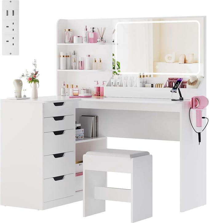 Ruime Dressing Table met Spiegel en LED Verlichting - Hoek Makeup Tafel met 5 Lades
