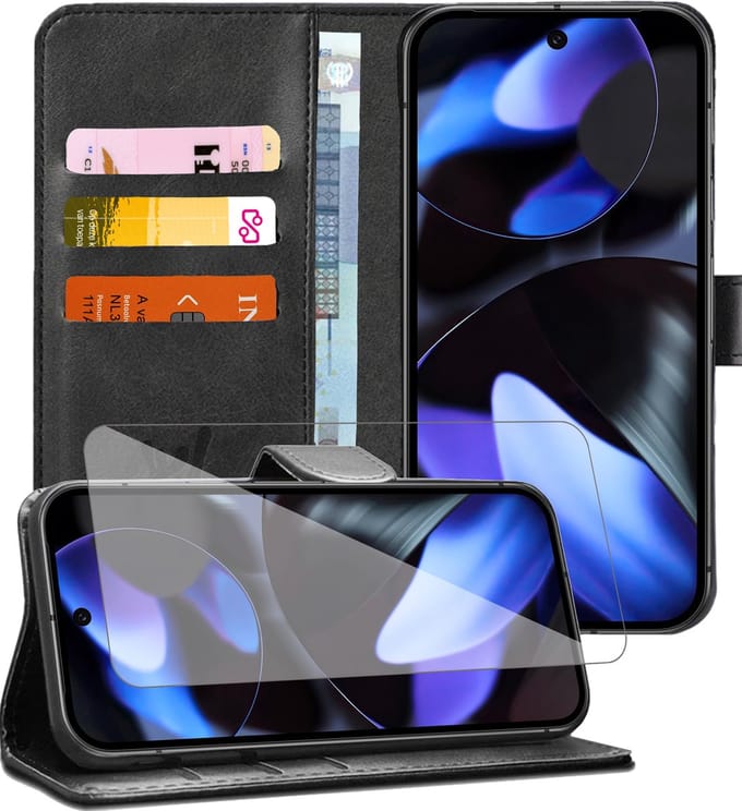 Hoesje geschikt voor Google Pixel 9 / 9 Pro / 10 / 10 Pro - Screenprotector Glas - Portemonnee Book Case Zwart