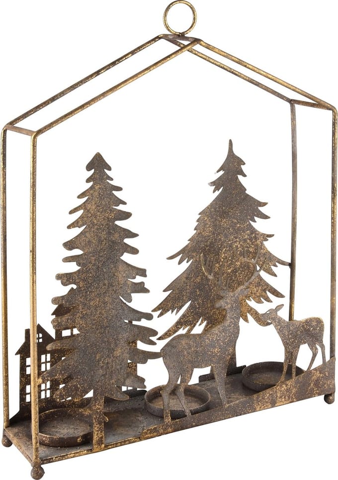 Dekoratief | Theelichthouder huis m/bomen/hert, brons, metaal, 28x7x37cm | A245460