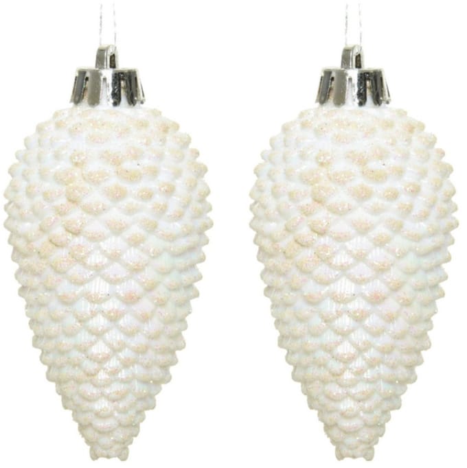 Decoris Kersthangers dennenappels - 12x - wit parelmoer -glitter - 8 cm - kunststof - kerstversiering