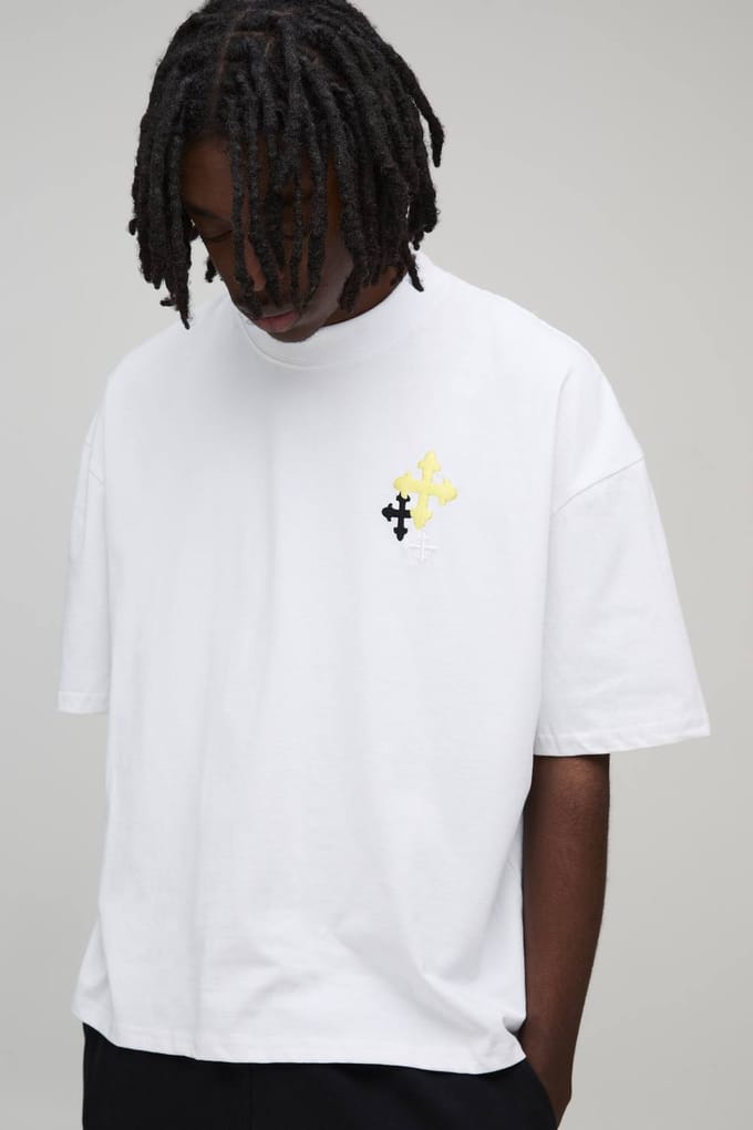 Oversized Boxy Embroidered Cross T-Shirt | White | Size Small