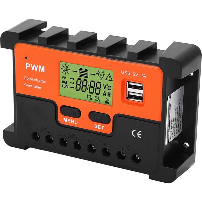 Régulateur Solaire 60A PWM avec Affichage LCD Régulateur Solaire avec 2 Sorties USB 5V 12V 24V 48V orange